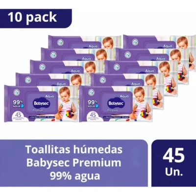 Pack 10x Toalla Húmeda Babysec 99% Aqua 45 Un.